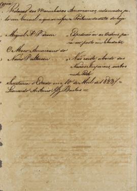 Cópia da nota de 10 de abril de 1823, de Leonardo Antonio Gonçalves Bastos, oficial-maior da Secr...