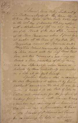 Relatório produzido por Samuel Mercer (s.d.), tenente do navio britânico “Eden”, detalhando as circunstâncias e justificativas da apreensão da escuna “Esmenia”. O documento narra as condições em que a embarcação foi interceptada, descrevendo a localização, o contexto da operação e as razões que levaram à abordagem. O relato inclui informações sobre a tripulação, a carga transportada e as suspeitas que motivaram a ação, além de apontar possíveis indícios de atividades ilícitas.