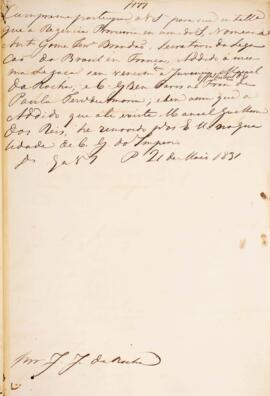 Minuta de despacho enviado para José Joaquim da Rocha (1777-1848), com data de 21 de maio de 1831...