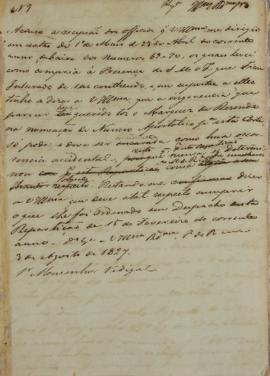 Despacho enviado pelo Monsenhor Francisco Corrêa Vidigal (s.d-1838) em 3 de agosto de 1827 sobre ...