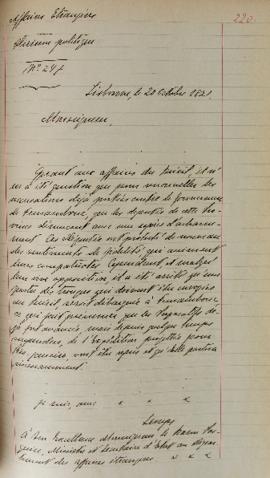 Despacho enviado pelo senhor Lemps ao Barão de Pasquier (1767-1862), em 20 de outubro de 1821, in...
