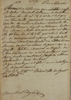 Despacho enviado pelo Monsenhor Francisco Corrêa Vidigal (s.d-1838) em 14 de agosto de 1826 refer...