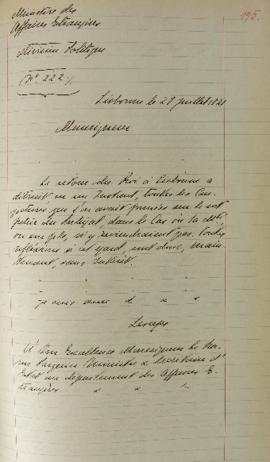 Ofício enviado por Lemps para Étienne Denis Pasquier (1767-1862), Barão de Pasquier em 21 de julh...