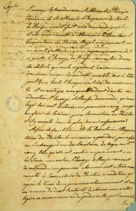 Cópia de uma carta do ministro Russo Pedro Balk Polleff (s.d.) enviada no dia 13 de março de 1817...