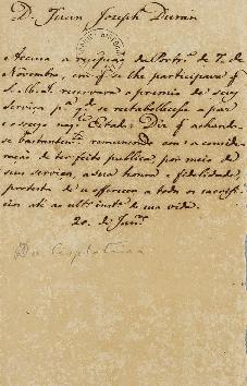 Ofício de 20 de janeiro de 1823, escrito por Juan José Durán (s.d.), sobre a honra e fidelidade q...