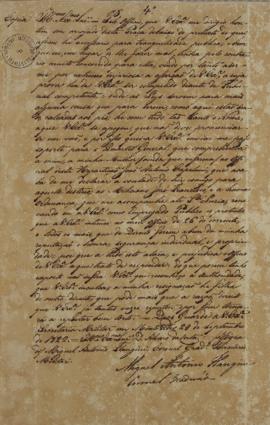 Cópia de ofício de 29 de setembro de 1822, de Miguel Antônio Flangini (s.d) para Álvaro da Costa ...