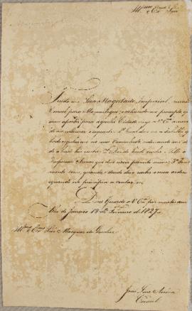 Carta de João Luiz Airoza ao Marquês de Queluz (1769-1833), de 19 de fevereiro de 1827, informand...