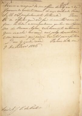 Ofício original enviado para Antônio José Falcão da Frota (1780-1848), com data de 09 de fevereir...