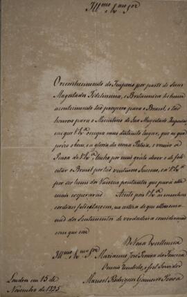 Carta original enviada por Manuel Rodrigues Gameiro Pessoa (s.d.-1846), Visconde de Itabaiana, pa...