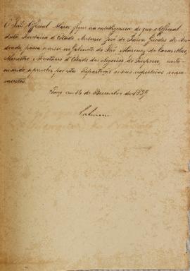 Despacho enviado por Miguel Calmon Du Pin (1794-1865), em 15 de dezembro de 1829, informando que ...