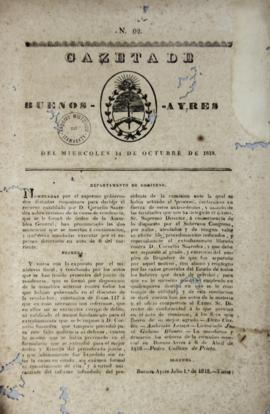 Artigo de jornal da Gazeta de Buenos Aires de 14 de outubro de 1818 contendo sentenças sobre Corn...