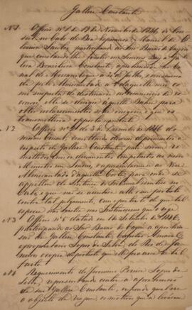 Anotações de documentos relacionados ao apresamento e reclamação da galera baleeira brasileira “Constante”. Contém anexo.
