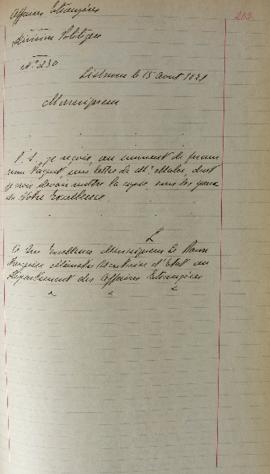 Despacho enviado pelo senhor Lemps ao Barão de Pasquer (1767-1862), em 15 de agosto de 1821, info...