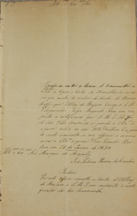 Oficio de 28 de janeiro de 1830, de João Antônio Pereira da Cunha, encaminhado a João Carlos Augu...