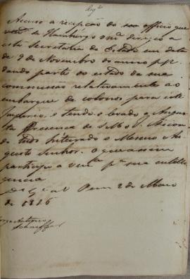 Minuta de Georg Anton von Schaeffer (1779-1835) sobre o oficio de Hamburgo recebido no dia 09 de ...