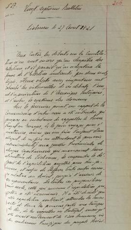 Despacho enviado pelo senhor Lemps ao Barão de Pasquier (1767-1862), em 29 de agosto de 1821, inf...