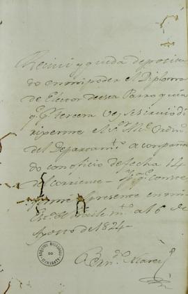 Despacho de 16 de agosto de 1824, assinado por Bernardo Suares, acusando o recebimento do ofício ...