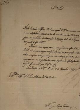 Ofício original enviado por Francisco Moniz Tavares (1793-1876), para João Antônio Pereira da Cun...