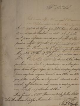 Ofício original enviado pelo Monsenhor Francisco Corrêa Vidigal (s.d-1838), para D. Manuel de Ass...