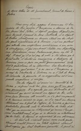 Cópia de cartas escritas por Jacques Guinebaud, Cônsul da França na Bahia, datadas de 14 de dezem...