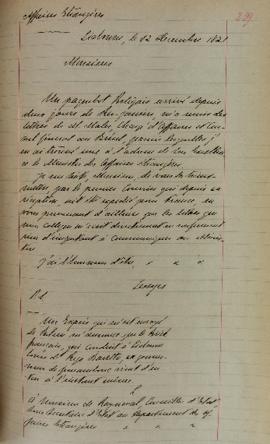 Despacho enviado pelo senhor Lemps ao Barão de Pasquer (1767-1862), em 12 de dezembro de 1821, in...