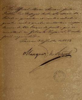 Despacho de João Carlos Augusto de Oyenhausen-Gravenburg (s.d.-1838), Marquês de Aracaty, informa...