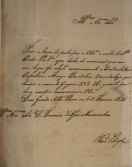 Ofício original enviado pelo Monsenhor Francisco Corrêa Vidigal (s.d-1838), para D. Francisco de ...