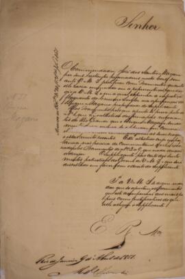 Petição original escrita por Mello e Miranda, com data de 9 de abril de 1857, solicitando inclusão de documentos no processo do brigue Magano, que havia sido apreendido pela Marinha inglesa. Contém anexos.
