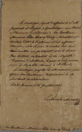 Despacho de Wenzel Philipp Leopold (1784-1851), Barão de Mareschal, a Pedro Alvarez Diniz, minist...