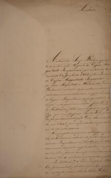 Relatório original com data de 5 de março de 1860, escrito por Antonio de Souza Ribeiro, solicitando intervenção do governo imperial sobre o caso do brigue Leopoldina, cujo apresamento suscitou um pedido de indenização.