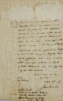 Ofício de 6 de julho de 1831, de João Samuel, dirigida ao Francisco Gè Acayaba Montezuma, ministr...