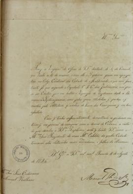 Despacho de 11 de agosto de 1824, de Manuel Gonçalves da Silva para Manuel Rollano, respondendo o...