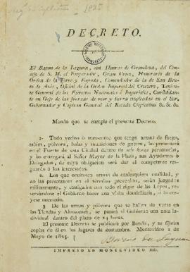 Decreto de Carlos Frederico Lecor (1764-1836), o Barão da Laguna, datado de 2 de maio de 1825 em ...
