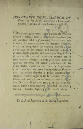 Declaração de Vicente Nieto (1769-1810), marechal de Campo dos Exércitos Reais e governador de Mo...