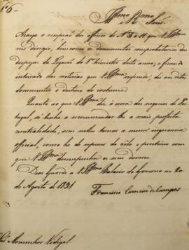 Ofício original, enviado por Francisco Carneiro de Campos, Visconde de Alcântara (1765-1842), ao ...