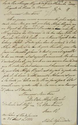 Tradução da carta de 26 de agosto de 1816, de D. João VI (1767-1826), destinada ao Príncipe Regen...