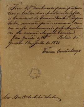 Despacho enviado por Francisco Carneiro de Campos (1765 - 1842) para Bento da Silva Lisboa (1793-...