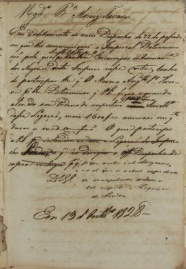 Despacho enviado para Francisco Moniz Tavares (1793-1876) em 13 de outubro de 1828 sobre a decisã...