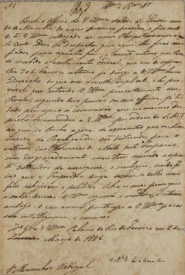 Despacho enviado pelo monsenhor Francisco Corrêa Vidigal (s.d-1838) em 2 de março de 1825. Confir...