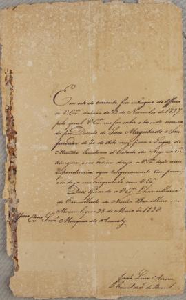 Ofício enviado pelo cônsul, João Luiz Airoza, ao Marquês de Aracaty (s.d.-1838), em 25 de maio de...
