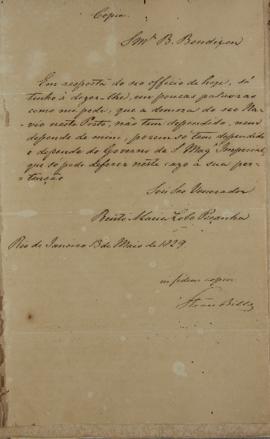 Cópia do ofício de 13 de maio de 1829, de Bento Maria Lobo Peçanha, em resposta ao ofício enviado...