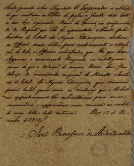 Despacho de José Bonifácio de Andrada e Silva (1763-1838) ao oficial-maior, informando que o Prín...