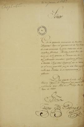 Ofício de 20 de janeiro de 1823, enviado por Juan José Durán (s. d.), felicitando D. Pedro I pela...