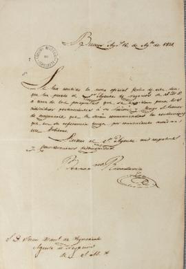 Ofício enviado por Bernardino Rivadavia (1780-1845) ao agente de Negócios estrangeiros de Portuga...