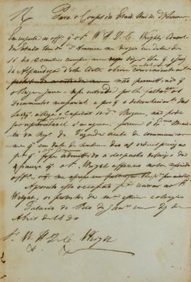 Minuta de 24 de abril de 1830, endereçada a William Henry DeCourcy Wright, cônsul dos Estados Uni...