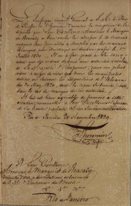 Despacho enviado para o Marquês de Aracaty (s.d.-1838), em 20 de novembro de 1829, comunicando o ...