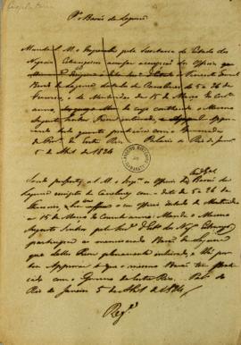 Minuta enviada em 5 de dezembro de 1824 ao Barão da Laguna (1764 – 1836) informando o envio de of...