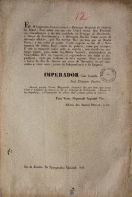 Cópia do alvará Real emitido em 5 de novembro de 1829, na corte do Rio de Janeiro, solicitando qu...