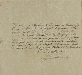 Oficio enviado por Muller para Manuel de Assis Mascarenhas (1805-1867) sobre o pedido para custea...