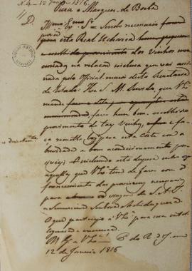 Ofício nº 14 de 12 de janeiro de 1816, endereçado a Fernando Maria de Sousa Coutinho Castelo Bran...